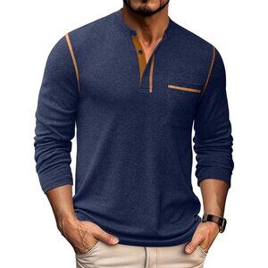 Coofandy Men Navy Blue Henley Long Sleeve Pullover Button T-Shirt  with Pocket